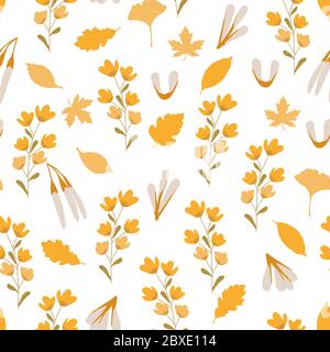 Autumn seamless pattern, September yellow leaves, tree seeds and yellow wildflowers randomly arranged on a light background. October background, warm Stock Vector