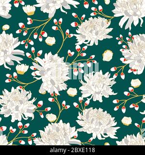 Seamless pattern with big chrysanthemums, bright flowers on a green background .. Stock Vector