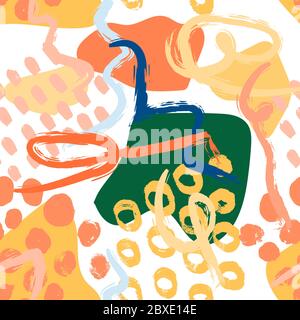 Modern seamless abstract pattern of different sheometric shapes, paint strokes, brush circles, textural shapes. Stock Vector
