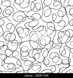 Seamless pattern of pencil curled lines, black traces on white, circles, wavy lines, continuity. Stock Vector