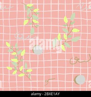 Delicate pastel pink light cage seamless pattern with circles and green branches of a plant. Modern cute background Stock Vector