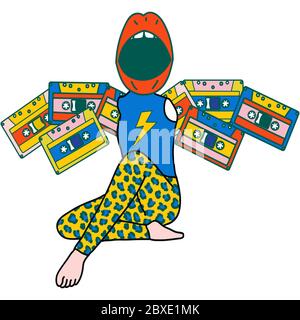 Comic seperhero of the 90s in the style of pop art and a modern collage. Leopard leggings, red lips and wings from musical cassettes. Stock Vector
