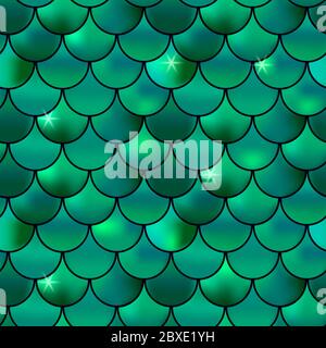 seamless pattern of green fish scales, mermaids. Stock Vector