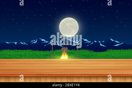 wooden table on the meadow in camp in the night Stock Vector