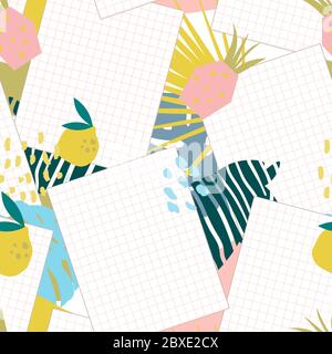 Seamless pattern with bright tropical leaves, animal prints, zebra, tropical fruits and a sheet of a school notebook in a cage. Modern collage, juicy Stock Vector