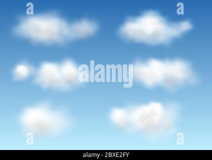 Set of realistic 3D clouds. Blue sky with white cirrus clouds. Stock Vector