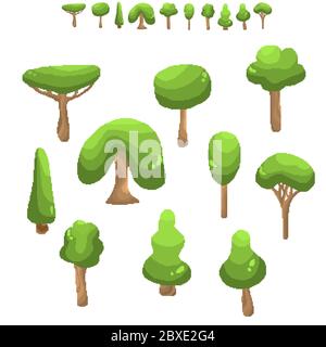 Set of minimalistic pixel art vector trees isolated.game 8 bit style.symbols group collection. Stock Vector