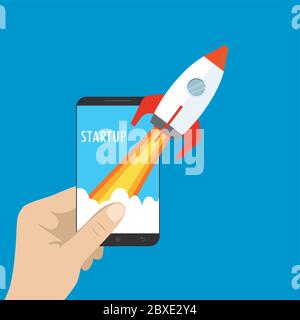 Rocket on mobile screen,Colored soaring spaceship,startup concept,flat vector illustration Stock Vector