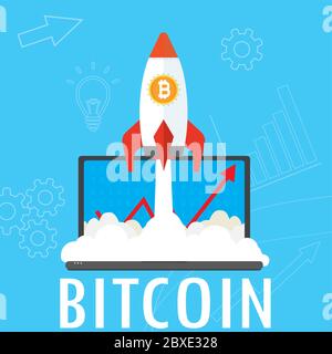 take-off rocket and laptop,bitcoin concept background,vector illustration Stock Vector