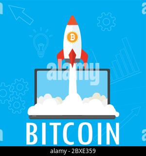 take-off rocket and laptop,bitcoin concept background,vector illustration Stock Vector