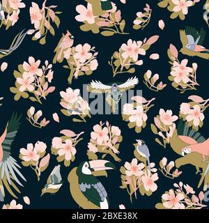 Seamless pattern with pink sakura flowers and tropical birds, parrots. On a black background. Contrast background for fabric. Stock Vector