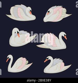 Set of six beautiful swans pastel color. Swimming priests. Stock Vector