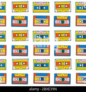 Pop art 90s seamless pattern of music cassettes. Bright, rich colors, musical background. Stock Vector