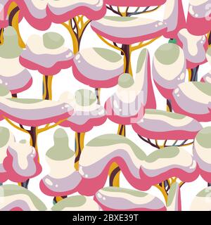 Seamless pattern of multicolored trees, similar to colored candies, crown of layers, computer game trees. Stock Vector