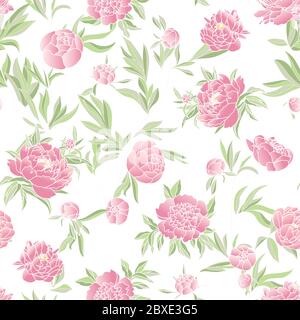 Beautiful seamless pattern with peonies, oriental floral ornament for fabric, tile, paper. Autumn pink flowers Stock Vector