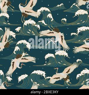 japanese storks in vintage style on green background. Oriental traditional painting. White stork. Japanese crane illustration. Japanese pattern Stock Vector