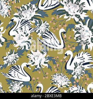 Seamless pattern with geometric silhouettes of swans and chrysanthemums. Stock Vector