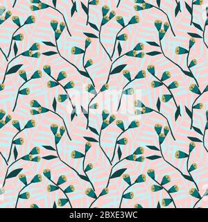 Seamless pattern of small branches with yellow flowers. Tiny geometric flowers and tropical leaves on a background. Repeating ornament in delicate Stock Vector