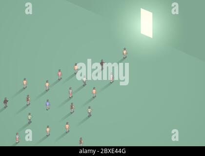 Business concept illustration of crowd of people walking into narrow door. Leader concept. Vector illustration Stock Vector