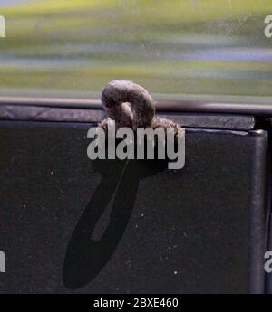 Looped geometer moth larva forest caterpillar on car window molding/moulding casts shadow like Greek letter omega/ohm sign below reflected trees, sky Stock Photo