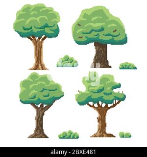 Indie-style set of green trees in an 8-bit indie arcade game. pixel art trees and shrubs Stock Vector