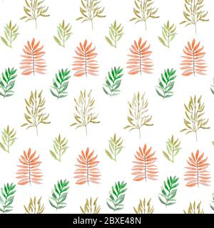 Light simple tropical seamless pattern with plant leaves, made in watercolor style. Botanical, environmental background with different shapes of Stock Vector