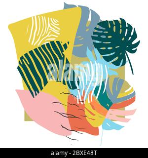 Bright, multi-color background with elements of tropical leaves, animal elements. Figure skin leopard, tiger, zebra. Modern abstract collage Stock Vector
