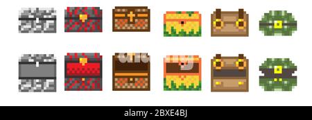 Set of chests in indie style arcade game 8 bits. pixel art, chests of different materials. Stock Vector