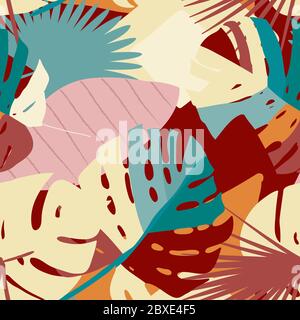 Bright, multi-color seamless pattern with elements of tropical leaves, abstract elements. Modern abstract collage. Stock Vector