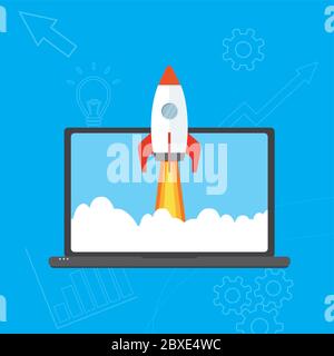 Rocket flying out of laptop screen,start up concept,flat vector illustration.