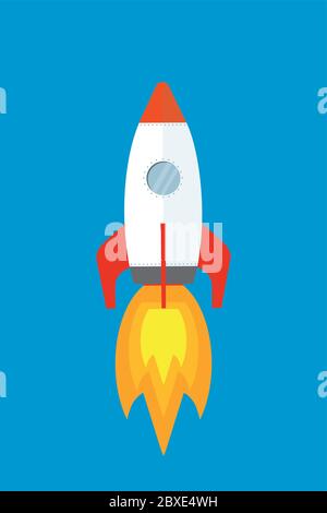 Cartoon Colored soaring spaceship on blue background,flat Rocket,vector illustration Stock Vector