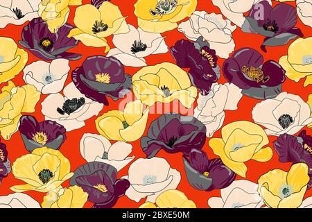 Bright multi-colored seamless pattern with blossoming blooming poppies of 3 colors on a red background Stock Vector