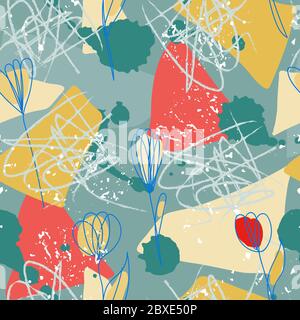 Seamless pattern in grunge style with simple tulips, geometric shapes, paint splashes. Stock Vector