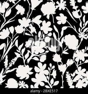 Dark seamless pattern with black flowers and leaves. Peonies, wildflowers, poppies. Abstract floral spring, summer pattern. Black and white background Stock Vector