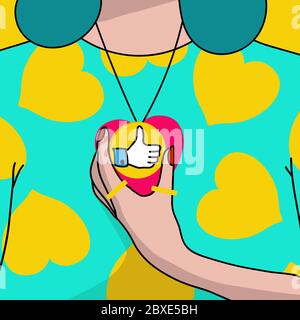 Flat style, pop art image of a girl in a sweater with hearts holding an elegant first place medal in hands. Star of social networks. Stock Vector