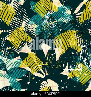 Dark seamless pattern with grunge texture, tropical leaves and zebra. Stock Vector