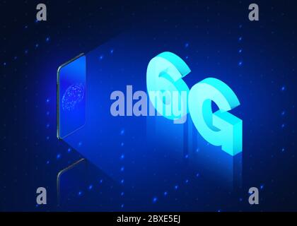 6g fast mobile networks. Mobile phone with global network on screen and hologram of wireless networks with text 6G isometric banner. Vector illustrati Stock Vector