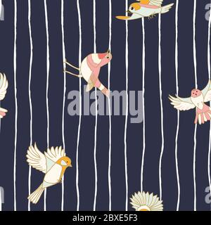 Cute Seamless pattern in dark blue, with jagged pencil stripes and with small tropical birds on top. Flying birds, flap their wings, sit on a line. Stock Vector