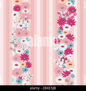 Seamless pattern of pastel flowers with wildflowers on a striped background. Stock Vector