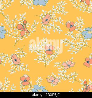 Bright, yellow-orange seamless pattern with branches in small leaves and simple flowers on them. Summer, spring pattern for fabric, cards, paper Stock Vector