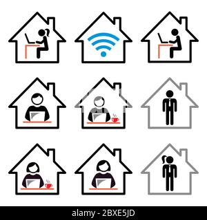 People working from home vector icon set, freelance man and woman working on their laptop, computer, home office design Stock Vector