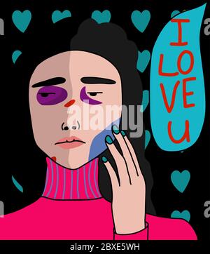 Cartoon, pop art portrait of a girl with bruises on her face with the inscription I will love you. A scared girl suffers from domestic violence. Beats Stock Vector