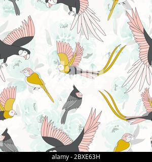 Seamless pattern with tropical birds, parrots. On a blue background from flowers of peonies. delicate background for fabric. Stock Vector