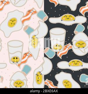 Kawaii seamless patterns with cute breakfast. Background with products, egg, bacon, a glass of juice, a salt shaker. Delicate colors, smiles, vibrant Stock Vector