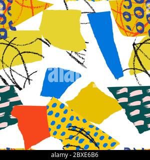 Modern seamless abstract pattern of different sheometric shapes, paint strokes, brush circles, textural shapes. Stock Vector
