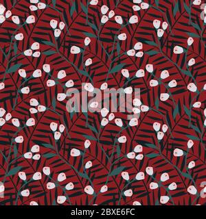 Seamless pattern of small branches with yellow flowers. Tiny geometric flowers and tropical leaves on a background. Repeating ornament in delicate Stock Vector
