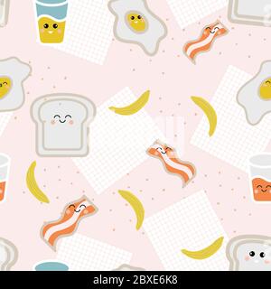 Kawaii seamless pattern with cute breakfast. Background with products, egg, bacon, bread, a glass of juice, banana. A sheet of paper in a cage for a Stock Vector