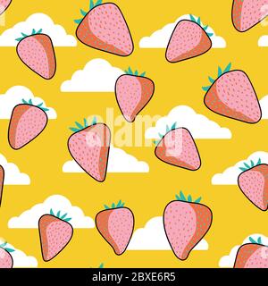 Seamless summer bright pattern with pink, comic strawberries on a bright yellow background among white clouds. Cheerful Cartoon Background Stock Vector