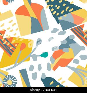 modern collage, seamless pattern of geometric vases and sketchy flowers. Fashionable style of attraction. Bright and rich colors. Stock Vector