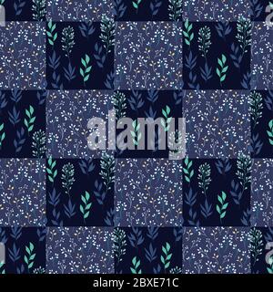 A seamless pattern with tiny bcetons of light colored flowers in violet color. Or willow twigs with spring buds. Green Leaves of Plants. Stock Vector